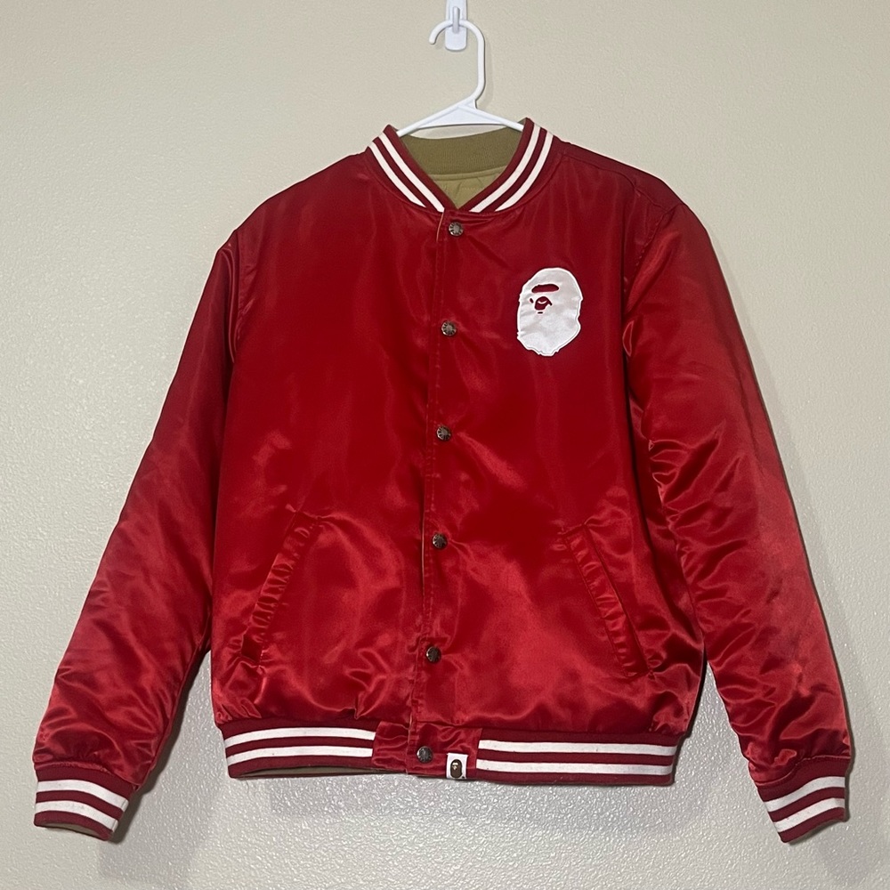 Tan and Red A Bathing Ape BAPE Reversible Bomber Jacket